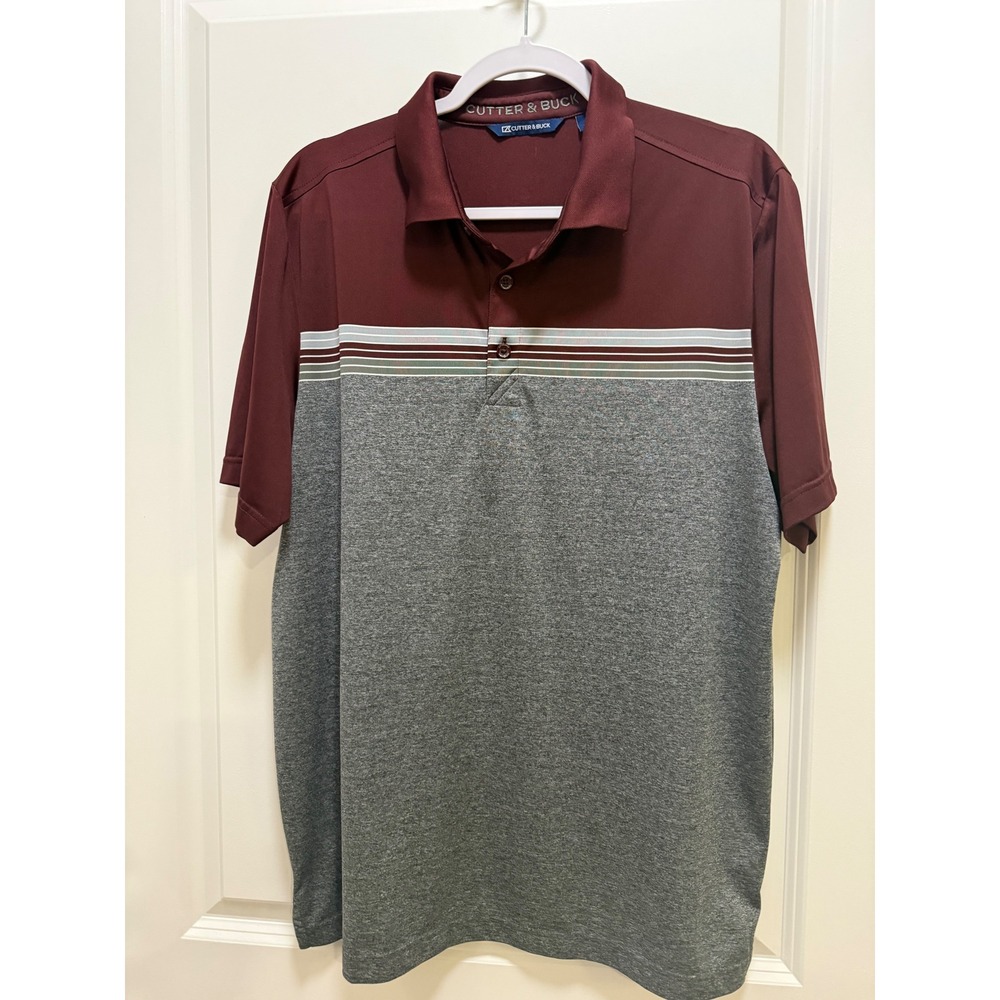 Cutter & Buck Mens Large Maroon Grey Colorblock Striped Golf Polo Shirt L/G
